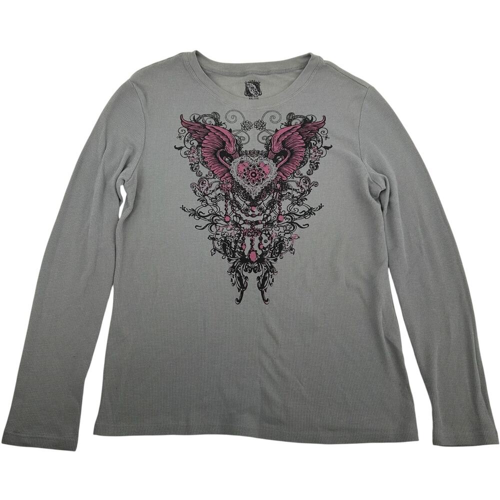 VTG y2k Women's FRZ Heart Angel Wings Thermal Waffle Knit Long Sleeve Shirt XXL